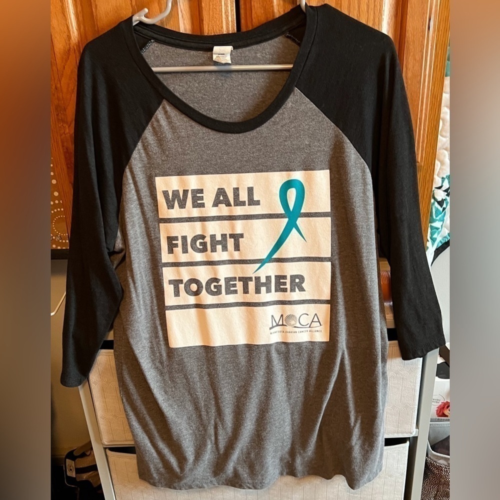 3/4 length sleeve ‘WE ALL FIGHT TOGETHER’ ovarian cancer t-shirt‎ XXL